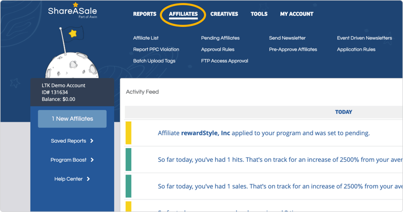 Click on Affiliates at the top of the ShareASale Dashboard.