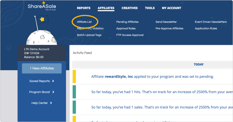 Click Affiliate List from the dropdown.