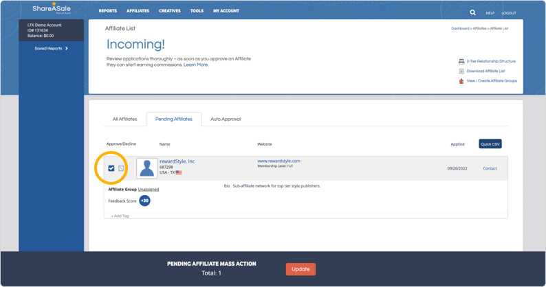 Click the checkmark next to the invitation from “rewardStyle”.