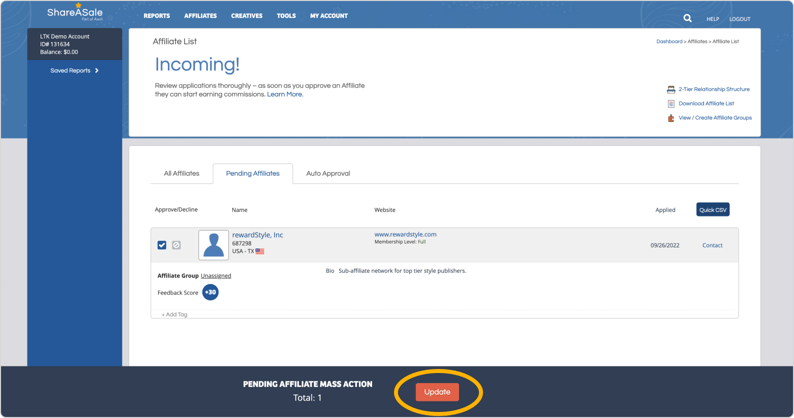 Click the red Update button near the bottom of the screen.