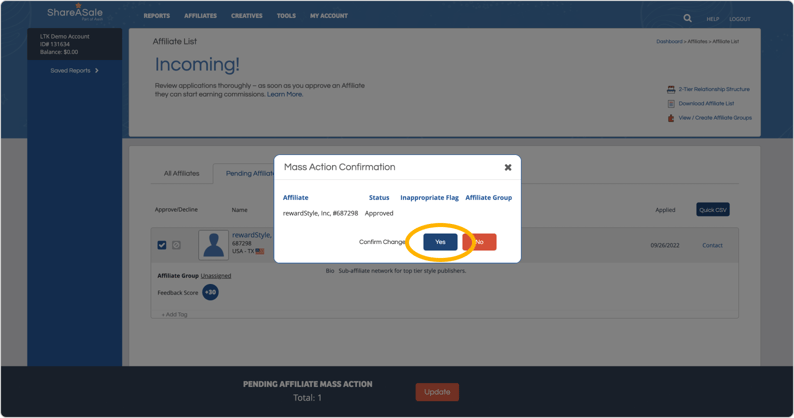 Select Yes to confirm changes.
